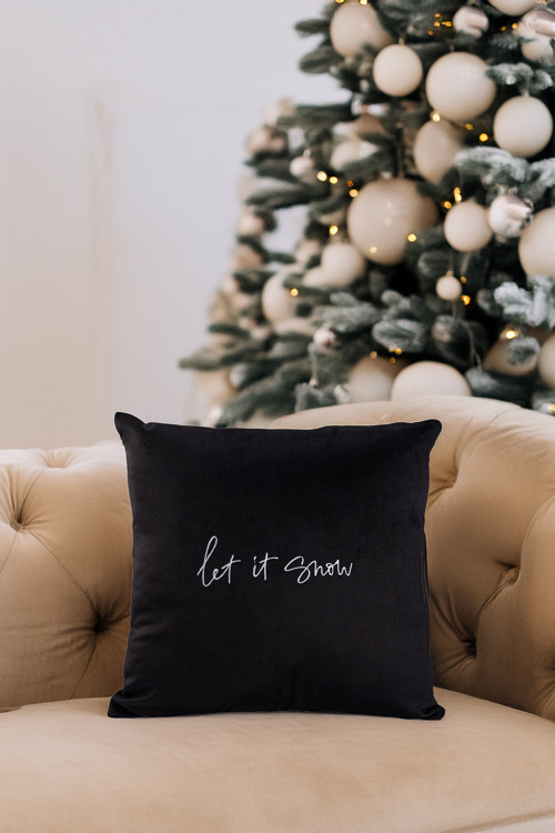 Yılbaşı Noel Temalı "let it snow" Nakışlı Dekoratif Kırlent Kılıfı - Siyah