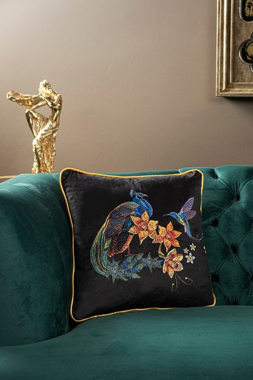 Lüks Kadife 43x43 Cm Kırlent Kılıfı Dekoratif Yumuşak Salon Koltuk Avangart Biyeli Siyah