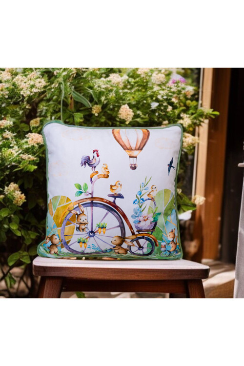 Dijital Baskı Bahçe temalı Bisiklet Desen Biyeli Dekoratif Kırlent Kılıfı 45x45
