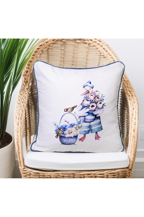 Dijital Baskı Paskalya Temalı Kuş Desen Biyeli Dekoratif Kırlent Kılıfı 45x45