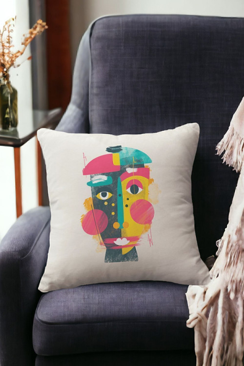Kadife 43x43 Cm Kırlent Kılıfı Dekoratif Yumuşak Salon Soyut Yüz