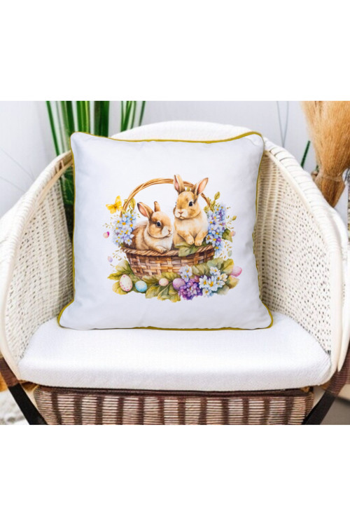 Dijital Baskı Paskalya temalı Tavşan Desen Biyeli Bahçe ,Salon Dekoratif Kırlent Kılıfı 45x45