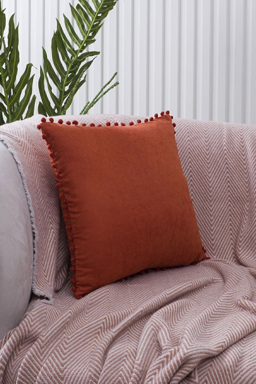 Renk Ve Ölçü Seçenekli Kiremit Ponponlu Kırlent Kılıfı Dekoratif Düz Sade Punch Panoroma