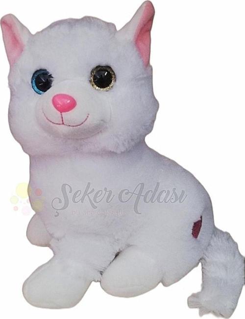 Sevimli Beyaz Kalpli Kedi - Peluş Oyuncak Hediyelik Uyku Ve Oyun Arkadaşı