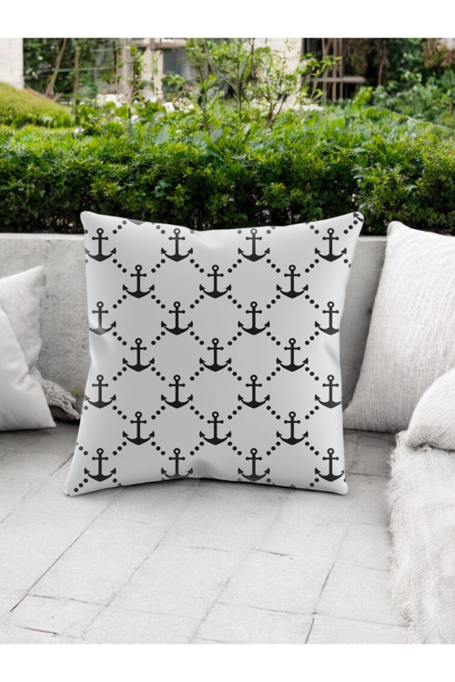 SMR Gemi Çapa Desenli Modern Kırlent Dekoratif Yastık Soft Siyah Beyaz Renkli 43x43