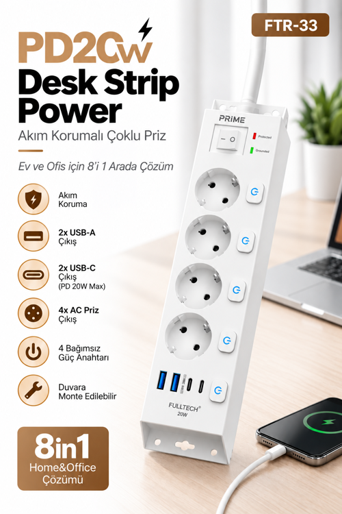 FTR-33 Akım Korumalı 4’lü Çoklu Priz – 3680W 16A, 1050J, 2 USB-C PD 20W + 2 USB-A, Ayrı Ana