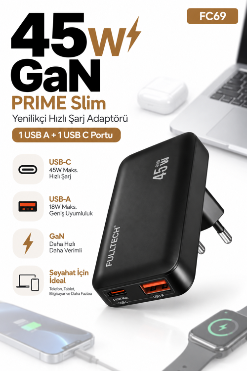 Prime Slim FC69 45W GaN Hızlı Şarj Adaptörü – USB-C + USB-A Çift Port Şarj Cihazı