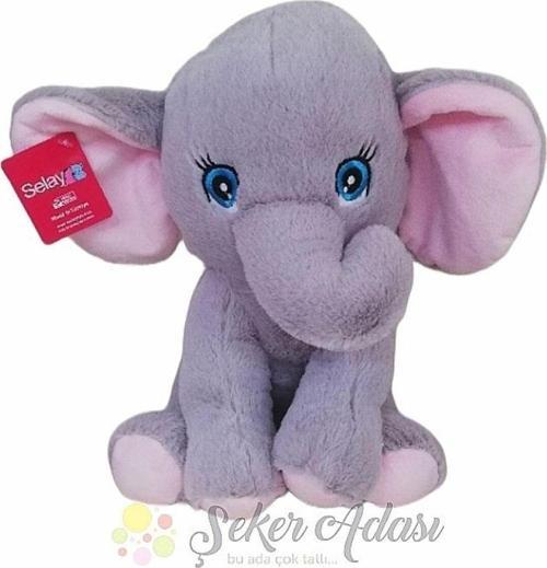 Sevimli Oturan Pembe Kulaklı Peluş Fil 30 Cm