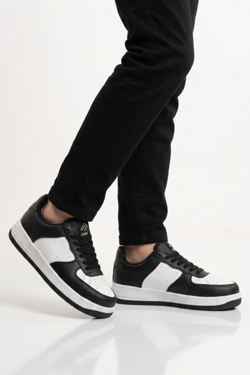 Siyah-Beyaz Bağcıklı Kalın Tabanlı Unisex Yürüyüş ve Spor Ayakkabı Sneaker Pekin Kısa