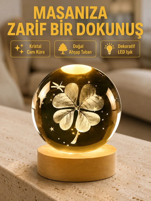Bitki Temalı Led Işıklı Cam Küre Ahşap Standlı Modern Gece Lambası
