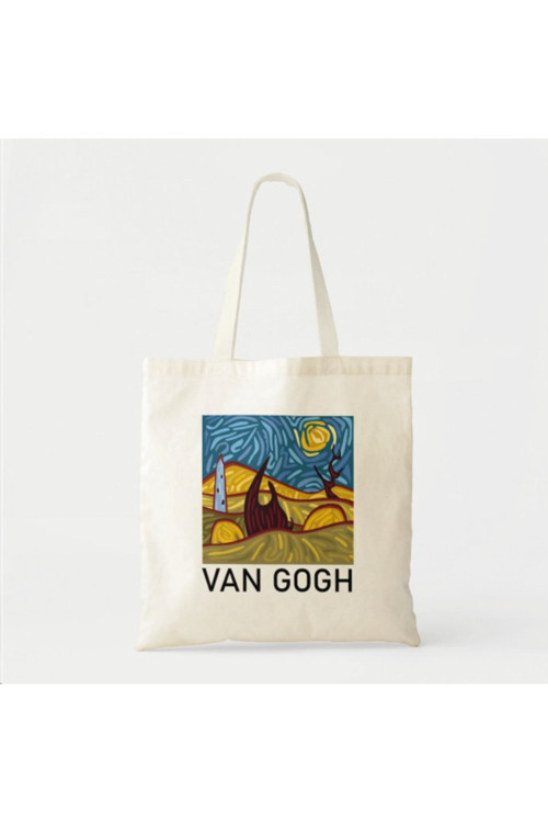 Van Gogh, Starry Night Pantone İllustrasyon Baskılı Ham Bez Çanta
