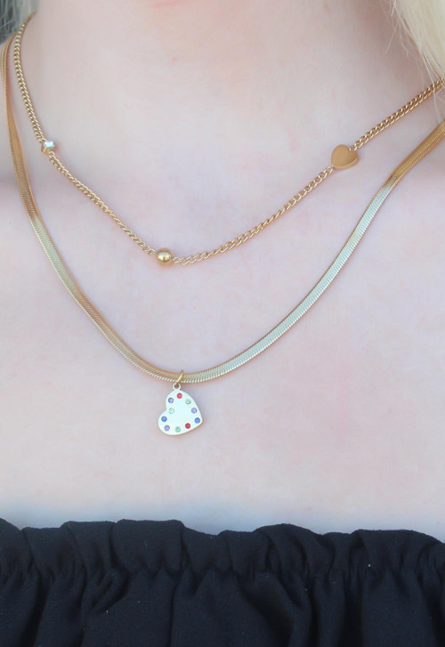 316L Kararmaz Çelik Gold Renk İtalyan Zincirli Taşlı Kalpli Model Kadın Kolye