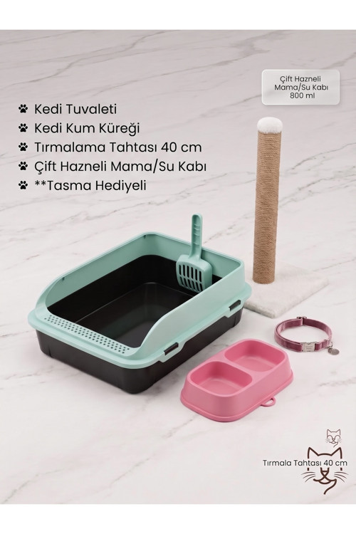 5 Parça Kedi Set (Tuvalet - Tırmalama - Mama Kabı - Tasma)
