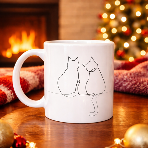 Minimal Çizim İki Kedi Desenli Porselen Kupa MODEL 77 – Sevgi Temalı Şık Tasarım, Kahve & Çay Kupası