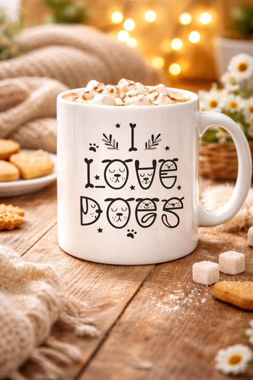 I Love Dogs Tasarımlı Porselen Kupa MODEL 64 – Sevimli Köpek Figürlü, Kahve & Çay Kupası