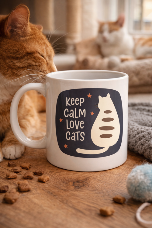 Keep Calm Love Cats Kedi Temalı Porselen Kupa MODEL 56 – Sevimli Tasarım, Kahve & Çay Kupası