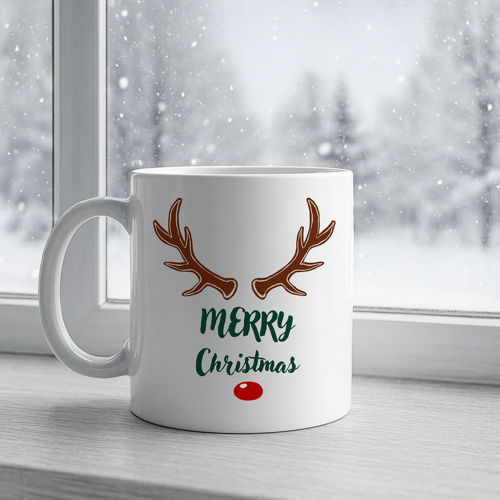 Merry Christmas Yazılı Geyik Boynuzlu Yılbaşı Kupası Model 212 Baskılı Seramik Kahve Kupası