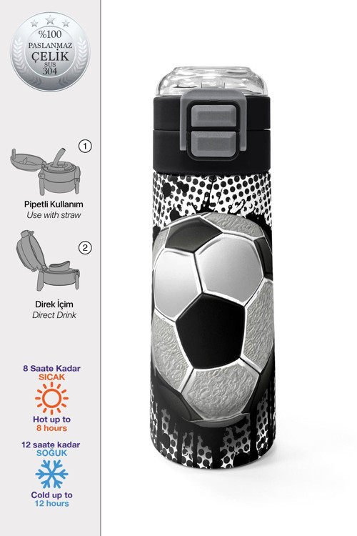 Kids Futbol Desenli Pipetli Ve Direkt İçim Çelik Termos 500 Ml 31816
