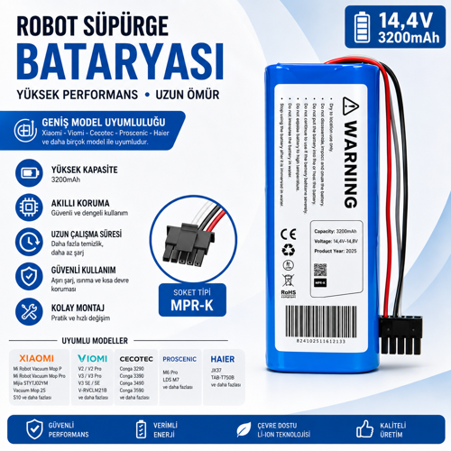 Conga 3490 Elite ile Uyumlu Robot Süpürge Pili 14,4V 3200mAh