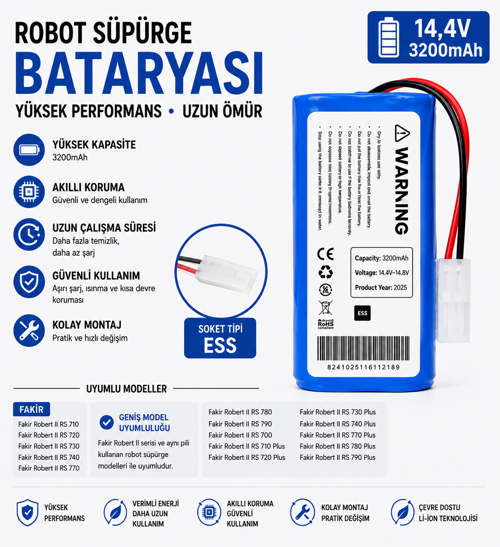 Robert II RS 720 Uyumlu Robot Süpürge Bataryası 14.4V 3200mAh Li-ion