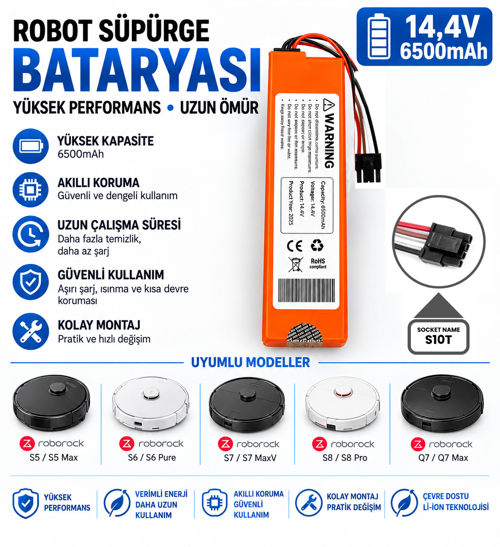 S8 Serisi Uyumlu Robot Süpürge Bataryası 14.4V 6500mAh Li-ion (S8 / S8+ / S8 Plus / S8 Pro / S8 Pro Ultra / S8