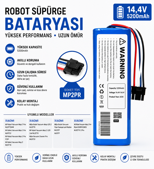 Xiaomi Vacuum X20 + Uyumlu Robot Süpürge Bataryası 14.4V 5200mAh Li-ion