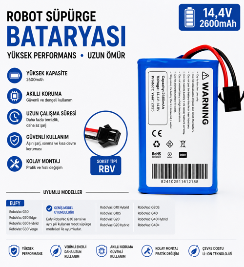 Deebot N79E Uyumlu Robot Süpürge Bataryası 14.4V 2600mAh Li-ion