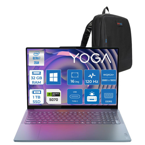 Yoga Pro 9i Aura Edition Intel Core™ Ultra 7 255H Aı 32GB Ddr5 Ddr5 1tb SSD 8GB/RTX5070 16" 2.8k Wqxga+ (2880X1800) OLED 1100NITS WIN11HOME Taşınabilir Bilg. 83L0008CTRH03+ZETTAÇANTA