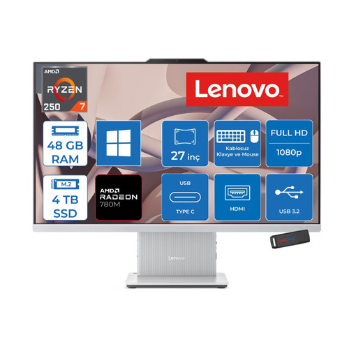 Ideacentre Aıo 27AKP10 Amd Ryzen™ 7 250 Aı Upto 5.1ghz 48GB Ddr5 4tb SSD Amd Radeon™ 780M 27" Fhd (1920X1080) IPS 300NITS WIN11PRO Allınone Bilgisayar F0JE002STRP20+ZETTAUSBBELLEK