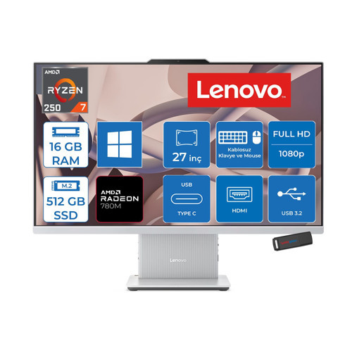 Ideacentre Aıo 27AKP10 Amd Ryzen™ 7 250 Aı Upto 5.1ghz 16GB Ddr5 512GB SSD Amd Radeon™ 780M 27" Fhd (1920X1080) IPS 300NITS WIN11PRO Allınone Bilgisayar F0JE002STRP02+ZETTAUSBBELLEK
