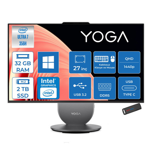 Yoga Aıo 27IPH11 Intel Core Ultra 7 356H Aı Up To 4.7ghz 32GB Ddr5 2tb SSD Pivot 27" Qhd (2560X1440) IPS 350NITS 120Hz 99% Srgb WIN11PRO Allınone Bilgisayar 27IPH11U7P04+ZETTAUSBBELLEK
