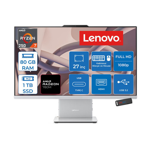 Ideacentre Aıo 27AKP10 Amd Ryzen™ 7 250 Aı Upto 5.1ghz 80GB Ddr5 1tb SSD Amd Radeon™ 780M 27" Fhd (1920X1080) IPS 300NITS Freedos Allınone Bilgisayar F0JE002STRF28+ZETTAUSBBELLEK