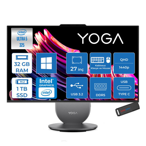 Yoga Aıo 27IPH11 Intel Core Ultra 5 325 Aı Up To 4.5ghz 32GB Ddr5 1tb SSD Pivot 27" Qhd (2560X1440) IPS 350NITS 120Hz 99% Srgb WIN11PRO Allınone Bilgisayar 27IPH11U5P03+ZETTAUSBBELLEK
