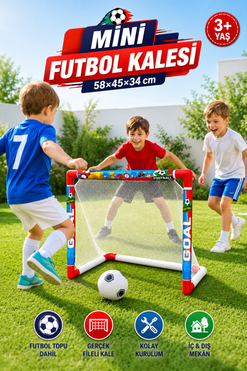 Toplu Futbol Kalesi 58×45×34cm – 10cm Futbol Topu Fileli Çocuk Futbol Kale Seti 3+ Yaş Bahçe ve Ev Oyuncağı