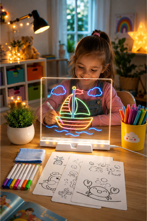 20x20 cm LED Işıklı Çizim ve Boyama Tahtası – Eğitici Çocuk Çizim Seti | 6 Adet Kalem, Şablon Kartları ve Silme Bezi