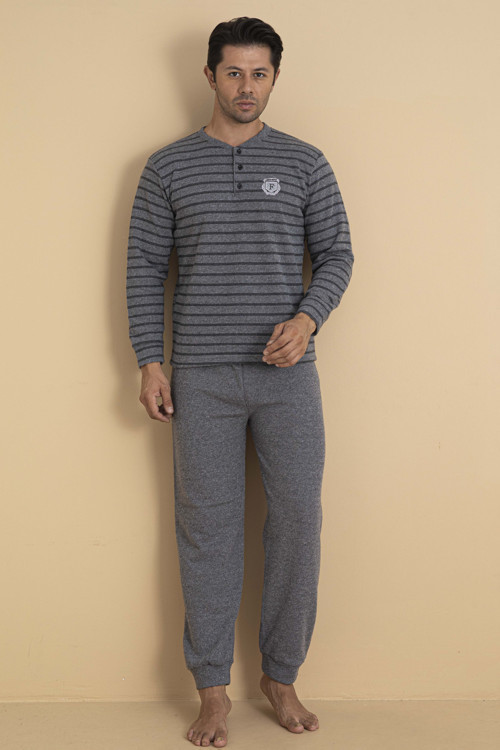 Falkom 5701 Selanik Kumaş Kışlık Kalın Kumaşlı Erkek Çizgili Pijama Takımı