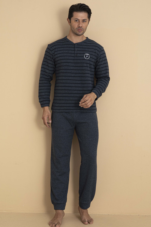 Falkom 5701 Selanik Kumaş Kışlık Kalın Kumaşlı Erkek Çizgili Pijama Takımı