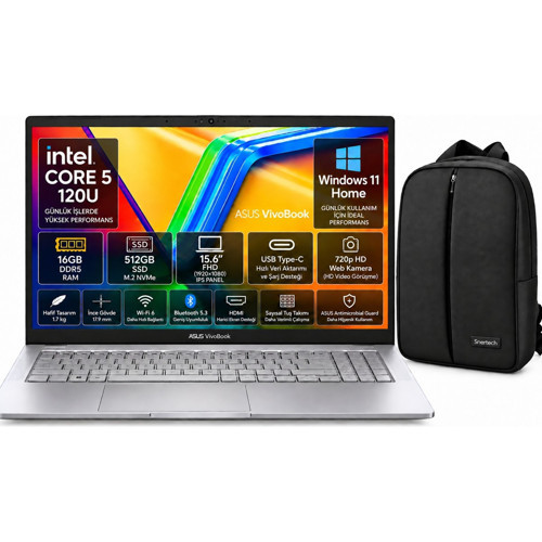 Vivobook X1504MA-BQ784 Intel Core 5-120U 16GB Ram 512GB SSD 15.6'' Windows 11 Home Laptop Gümüş + Snertech Çanta