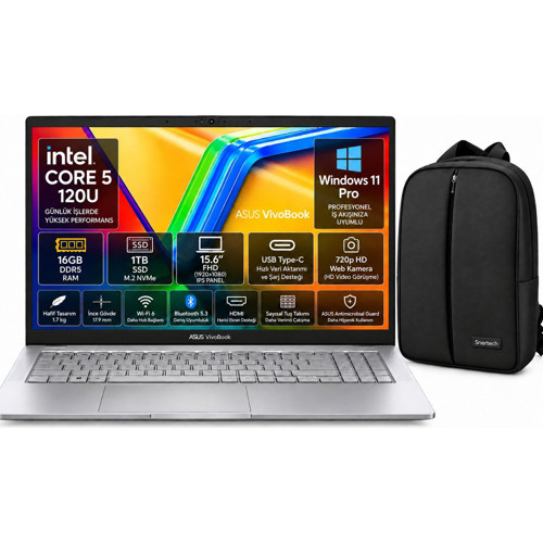 Vivobook X1504MA-BQ784 Intel Core 5-120U 16GB Ram 1tb SSD 15.6'' Windows 11 Pro Laptop Gümüş + Snertech Çanta