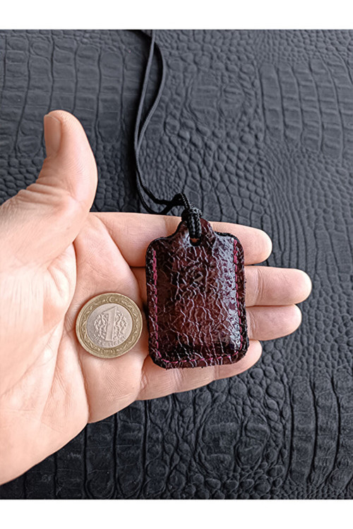 Küçük Dörtgen Cevşen Dualı Kolye Muska Hakiki Deri