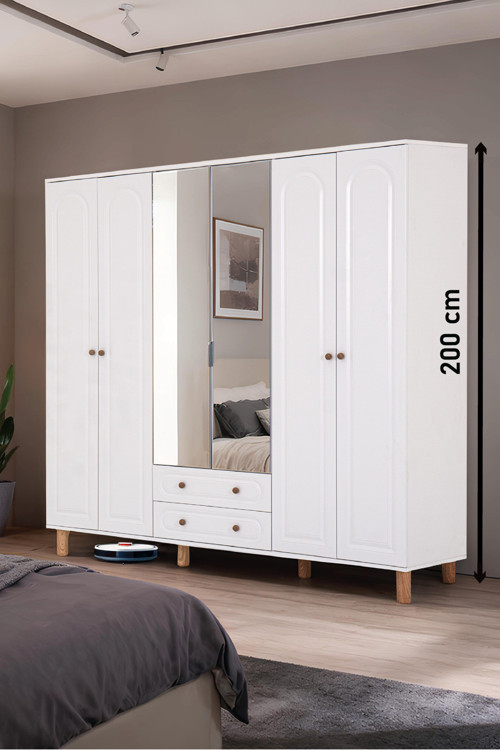 Bohem'S Plus Aynalı Altı Kapaklı Dolap (Mdf Kapaklı, Yüksek Ayaklı, İki Çekmeceli, 200Cm Yükseklik)