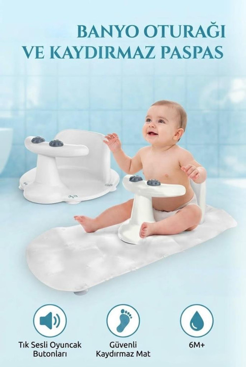 Vantuzlu Kaymaz Paspaslı 30.5 CM Sesli Pratik Kullanımlı Bebek Banyo Oturağı ve Oyuncaklı Koltuk
