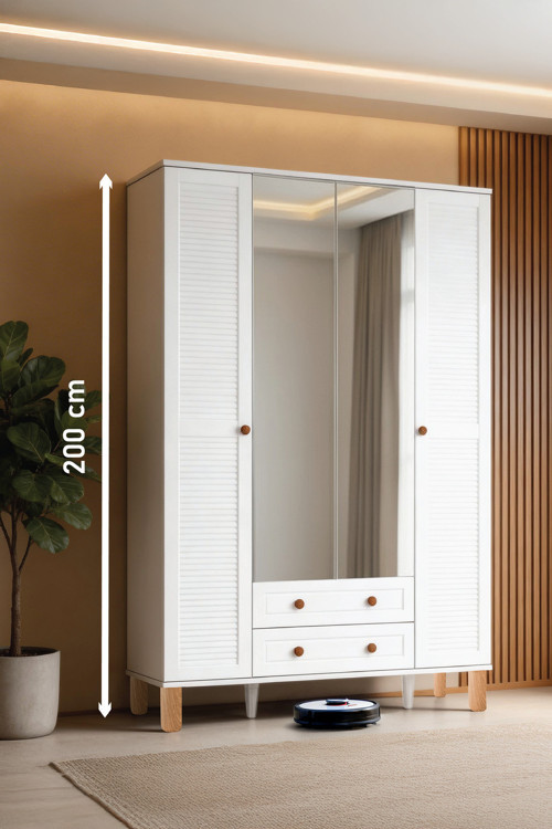 Country Life Plus Aynalı Dört Kapaklı Dolap (Mdf Kapak, Yüksek Ayak, İki Çekmece, 200Cm Yükseklik)