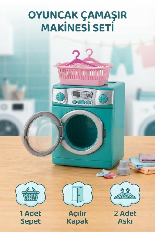 Aksesuarlı Çamaşır Makinesi Sepet ve Askılı Eğitici 15 CM Açılır Kapaklı Oyuncak Çamaşır Makinesi