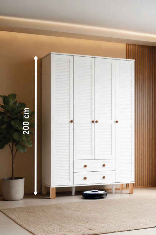 Country Life Dört Kapaklı Dolap (Mdf Kapaklı, Yüksek Ayaklı, İki Çekmeceli , 200Cm Yükseklikte)