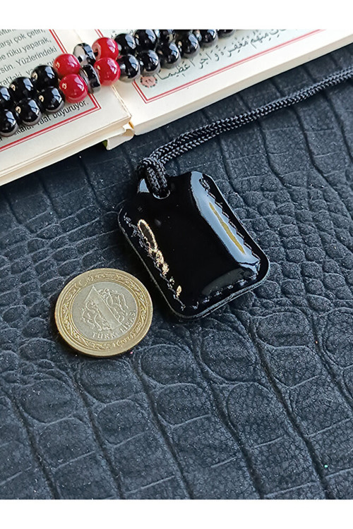 Küçük Dörtgen Cevşen Dualı Kolye Muska Hakiki Deri El Yapımı XS Parlak deri