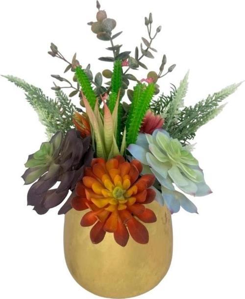 Yapay Çiçek Kaktüs Sukulent Aranjmanı Gold Antik Saksıda 10 adet Karışık Model Skulent