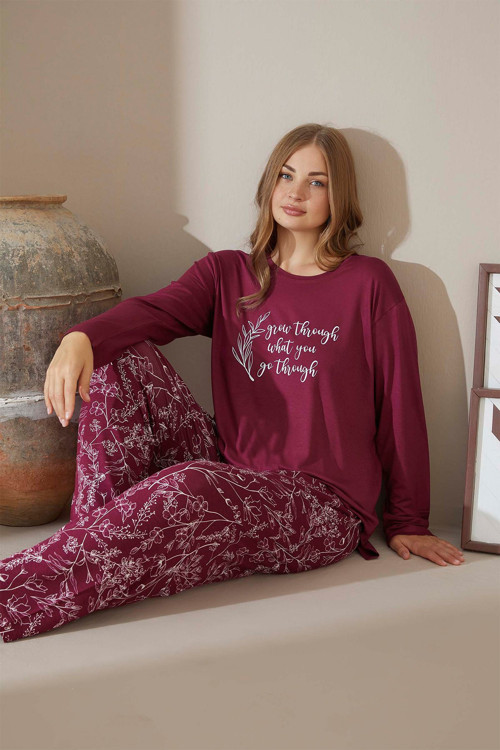 Kadın Büyük Beden Grow Through Yazılı Menekşe İnci Pijama Takımı 9173