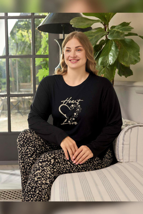 Kadın Inci Büyük Beden Heart Love Siyah Pijama Takım 0661