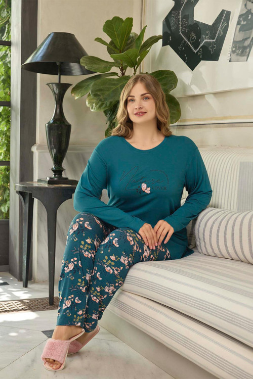 Kadın inci Büyük Beden Nature Petrol Pijama Takım 0651